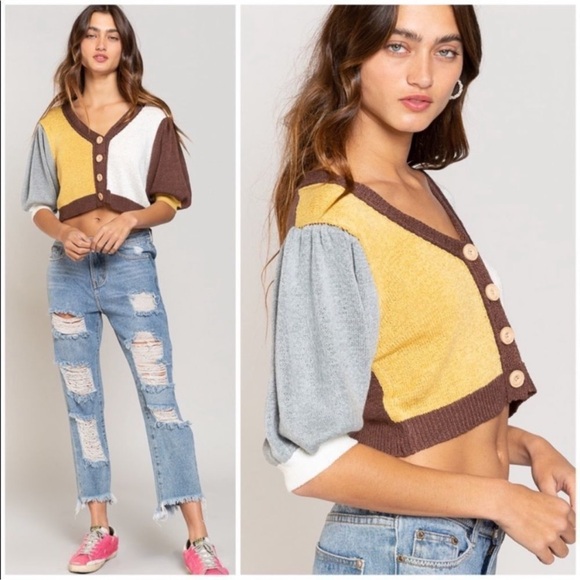 ✨POL✨ Colorblock Cardigan Sweater Brown Yellow - Picture 2 of 7